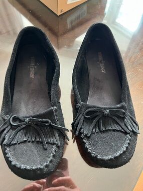 Minnetonka Black Suede Fringe Moccasins for Women